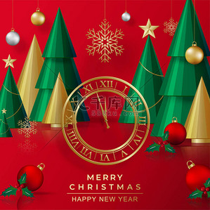 圆圆的舞台风格，为圣诞快乐和新年快乐，以及节日或节日，用红纸剪彩艺术和工艺在色彩的背景下装饰节日元素.