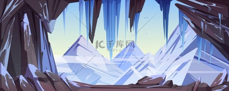 有雪和钟乳石的冰洞，蓝天下有岩石的山洞卡通背景。