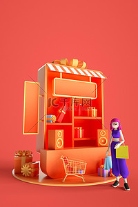 购物购物袋背景图片_电商购物红色C4D背景