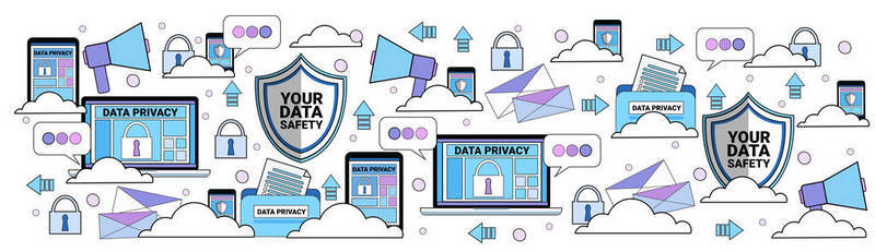 安全背景图片_数据安全云盾平板电脑挂锁在同步一般数据保护法规 Gdpr 服务器安全防护在白色背景平横幅