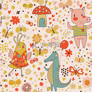 农场植物背景图片_Funny cartoon animals in vector. Cute seamless pattern for children's wallpapers in pink colors