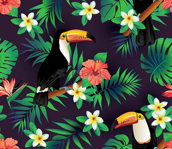 热带鹦鹉背景图片_热带鸟类和棕榈叶无缝背景。矢量. 