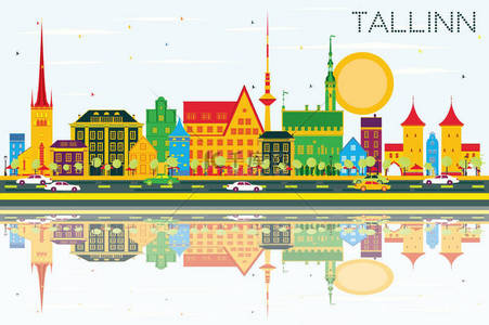 欧洲建筑剪影背景图片_塔林天际线颜色建筑物、 蓝蓝的天空与思考.