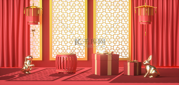 红色新年礼盒背景图片_C4D兔年灯笼兔红色质感场景背景
