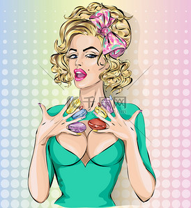 甜海报背景图片_性感的波普艺术女人肖像与食品。香艳
