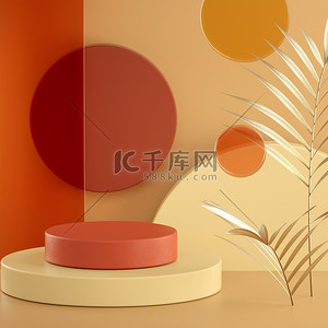 c4d和式背景图片_文摘:温热的粉刷3D渲染场景，松软的玻璃圈和圆筒的背景。正方形横幅模板，带有文字空间。黄金棕榈叶。陈列柜、店面、陈列柜.