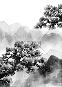 冬季旅游背景图片_松树黑色云雾山峰水墨背景