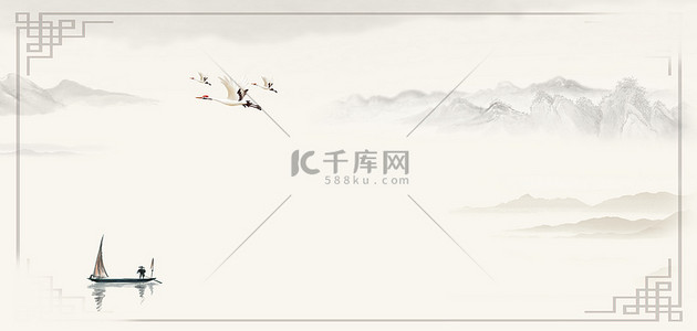 山水渔船背景图片_水墨山水渔船水墨中国风边框海报背景