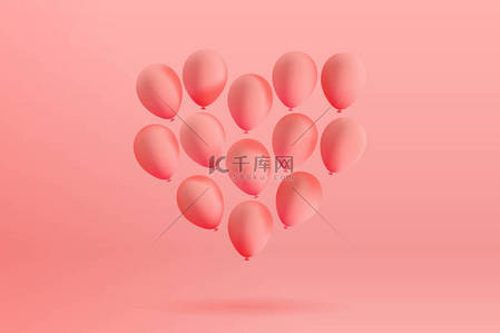 心形由现实的垫氦气球漂浮在粉红色的背景。矢量3d 气球的情人节, 婚礼或促销横幅或海报。插图在粉彩颜色.