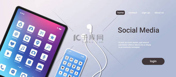 社交媒体移动应用图标创意 ui 丰富多彩的屏幕顶部视角视图桌面平板电脑智能手机耳机水平复制空间
