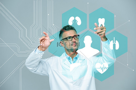 英俊的科学家在白色外套和眼镜移动医疗接口在空气中隔离在白色, 人工智能概念