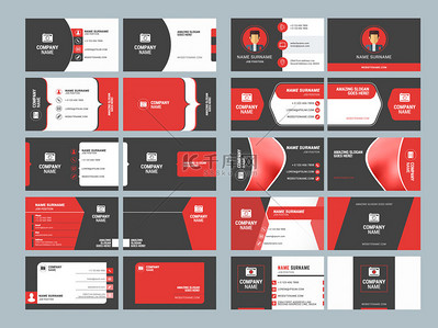 联系人标志背景图片_名片模板。文具设计矢量集。红色和黑色的颜色。平面样式矢量图