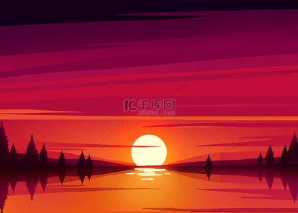黎明城市背景图片_夕阳湖上红色背景