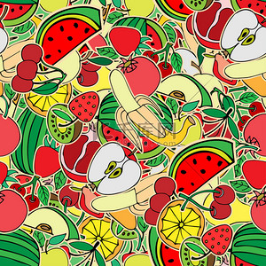 平铺底纹背景图片_无缝模式套的甜的水果和浆果.