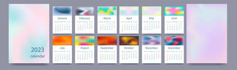 Calendar template for 2023. Vertical design with gradients. Editable page template with A4 illustrations, set of 12 months with covers. Vector illustration.