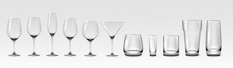 逼真的空眼镜玻璃杯和鸡尾酒杯模型用于葡萄酒和酒精饮料的透明玻璃器皿3水晶透明餐具用于饮料供应矢量隔离酒吧饮料套装逼真的空眼镜玻璃杯和鸡尾酒杯