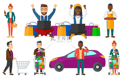 白色商务背景图片_向量组的购物人性格.