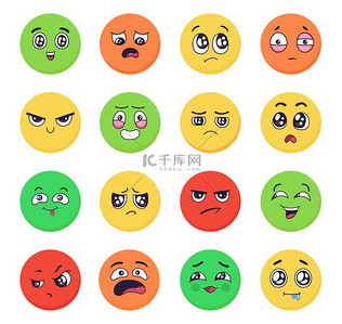 卡通情感表情集表情符号用愤怒和悲伤幸福和喜悦的表情表达了红黄绿等不同颜色的面部表情社交网站聊天向量的反应卡通情感表情集带有的表情符号