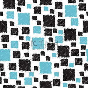 Seamless pattern with hand drawn blue and black abstract squares
