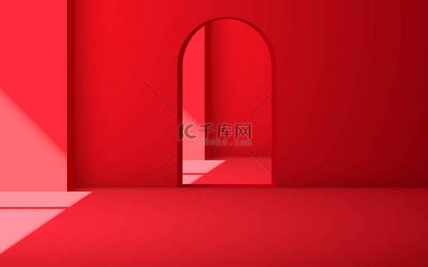 红色的门，从红色房间的窗户透出阳光