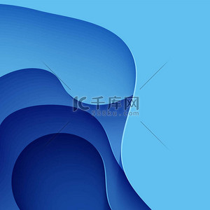 背景:剪纸风格.3D墙纸与切出的深波现代覆盖。蓝色的层次与光滑的阴影纸巾艺术。矢量卡片图解，折纸几何形状