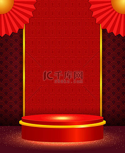 red背景图片_Vector Chinese new year illustration with stage and asian elements on red ornament background