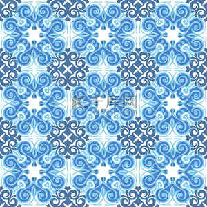 蓝色的花阿苏莱霍斯模式。来自摩洛哥、 葡萄牙瓷砖无缝拼接图案. 