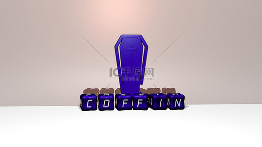 COFFIN的3D表示，墙壁上有图标，文本用金属立方体字母排列在镜面，用于概念意义和幻灯片演示。图解和背景