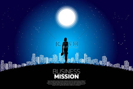 女商人背景图片_女商人的剪影，文包矗立在月亮上，星光之城。业务使命愿景和目标的概念.
