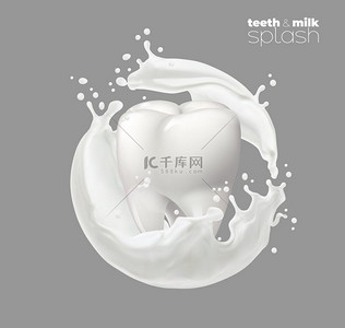 牙齿上有白牛奶或酸奶飞溅的圆形漩涡有水滴逼真的矢量乳白色的牙齿和钙饮料用于健康牙齿护理的乳制品漩涡状的牛奶飞溅牙齿在白牛奶或酸奶中飞溅圆形漩涡
