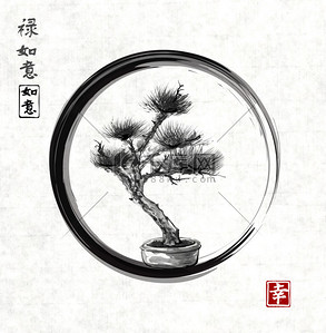 sumie背景图片_Bonsai pine in black zen circle