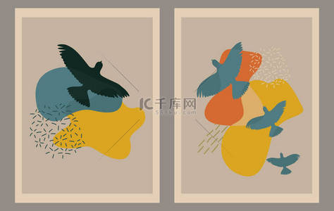 简约典雅背景图片_孟菲斯墙艺术矢量集。各种飞鸟，抽象的形式。涂鸦的风格。现代流行的矢量图解。连续线条，简约典雅的概念.