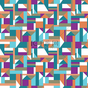 几何形状为正方形、矩形和三角形的马赛克图案。纺织品、服装、纸张和包装材料的矢量无缝图案设计.