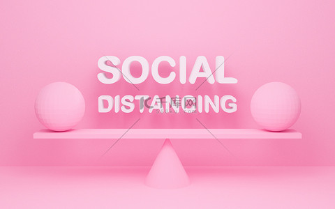 社会疏远的标志。带有球状背景的粉红色背景。现实的3D渲染设计。两个球和单词社交距离保持平衡.COVID-19预防、验尸和保健概念.