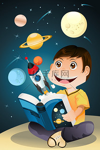 快乐的阅读背景图片_男孩读天文学的书