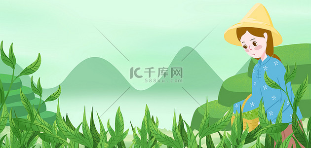 绿色茶叶背景图片_采茶茶园女孩绿色卡通背景