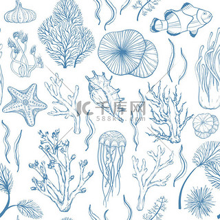 无缝单色蓝色与海洋手绘珊瑚和海洋生物.