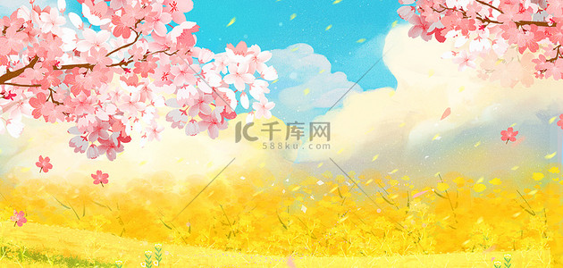 蓝天草地海报背景图片_春季海报樱花花朵