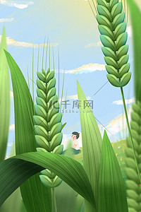 小满麦穗绿色插画背景