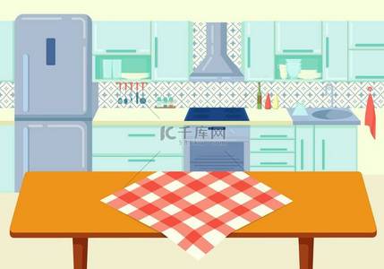 带有桌布的卡通木制厨房餐桌在烹饪背景图上