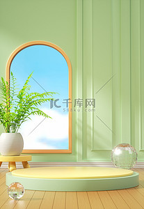 立体窗户背景图片_电商立体绿色蓝天窗户背景