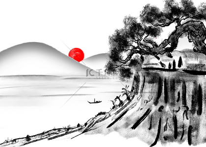 中国传统插画背景图片_松树涂鸦风格日出山峰背景