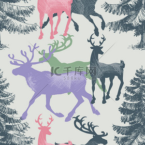 冬装饰背景图片_鹿和松树树森林无缝模式，圣诞主题 