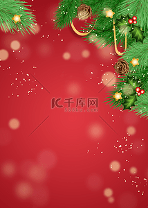 金色海报设计背景图片_圣诞植物叶片挂饰红色背景