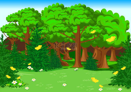 矢量森林背景背景图片_翠绿的森林，绿树成荫，花朵绽放，蝴蝶斑斓，是夏日的风景。旅行和户外娱乐活动。海报或明信片的自然矢量图解背景.