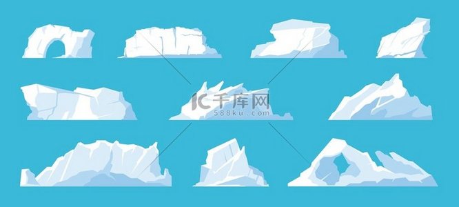 冰山北极和北极的景观元素融化的冰山和冰川积雪和冰冻的海洋矢量集展示了在南极旅行时的冰山冰山北极和北极景观元素融化的冰山