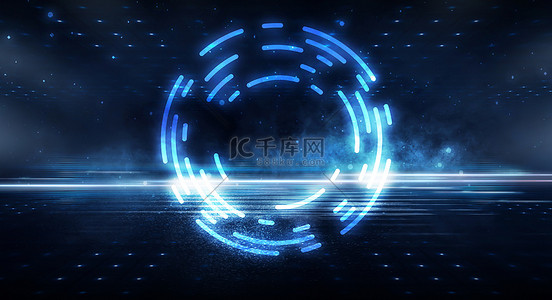 futuristic背景图片_Dark futuristic scene with a geometric figure cyber circle in the center. Neon abstract background, futuristic landscape.