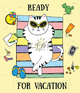 矢量手绘的白猫躺在地毯上与太阳镜，字母准备度假，从上面看，海滩的顶视图，可爱的素描卡关于阳光明媚的日子，暑假