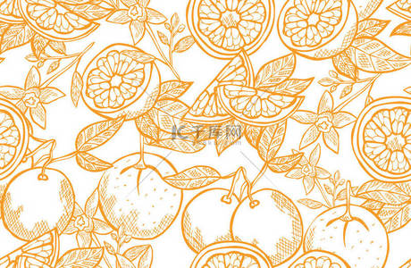 精致无缝的橙色水果图案,设计元素.采购产品水果图案的邀请,卡片,印刷品,礼物包装,制造,纺织品,织物,壁纸.食物、厨房、素食主题