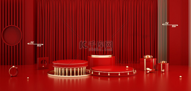 节日礼盒红色背景图片_C4D几何红色中国风节日氛围